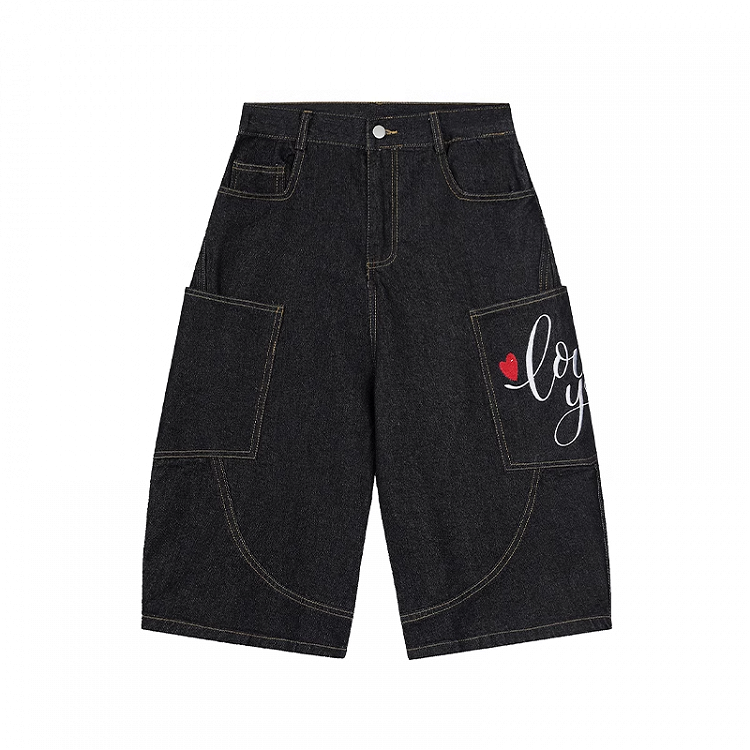 ウエストハート刺繍ワイドレッグカーゴジーンズ ブラック ロー