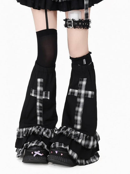 Black & White Plaid / Black Leg Warmers with Cross Patch Detail - CRAZY GIRL