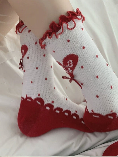 Polka Dot Heart Ankle Socks with Ruffle Lace Trim, 8 Colors - ROJI ROJI