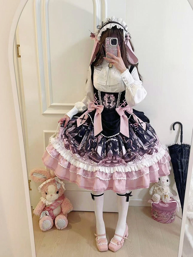 Süßes Lolita-Kleid mit Hasen- und Sargmotiv in Schwarz und Rosa