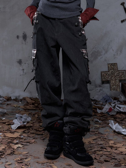 Black Plaid Punk Buttons with Metal Pants Vintage Cargo Patchwork