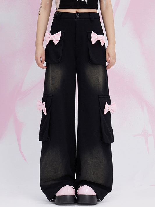 Schwarze Cargo-Taschen mit geradem Bein und Schleifendetails