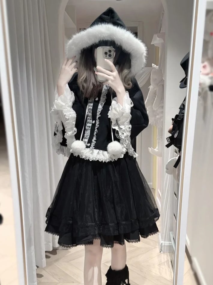 Jirai Long Design Detailed - Tiered Skirt Black High-Waist Heart Button Kei Version
