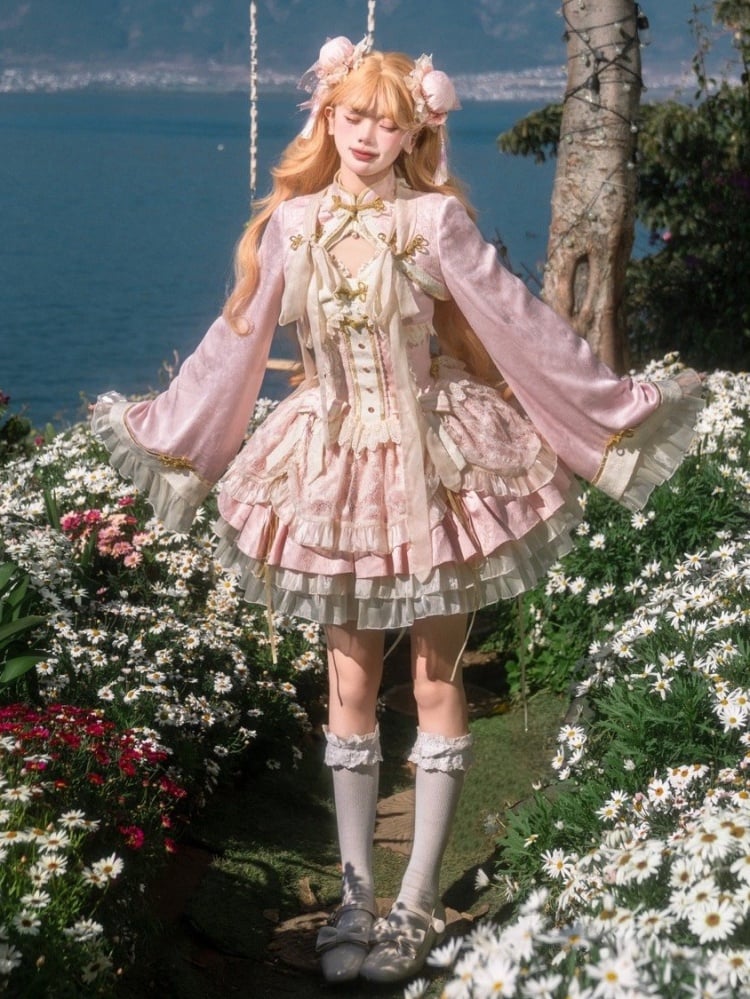 Sakura Pink Chinoiserie Style Corset Dress Set Cherry Blossom Festival Outfit