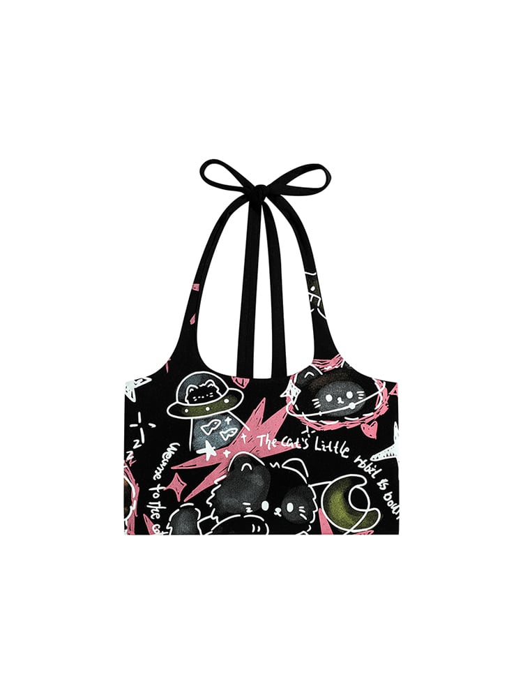 with Adjustable Black Cat Halter Crop Neck Tie Top Graffiti