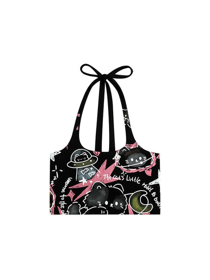 with Adjustable Black Cat Halter Crop Neck Tie Top Graffiti