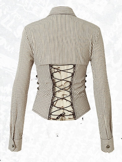 ブラウンホワイトバックルレースアップ柄ストライプデザインウェイストランド装飾シャツパンク