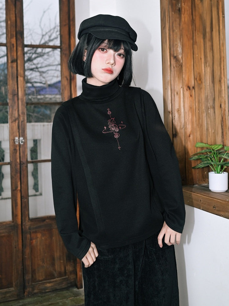 Unicorn Print Black Turtleneck Long Sleeve Top for Spring Autumn - Quirky Hut