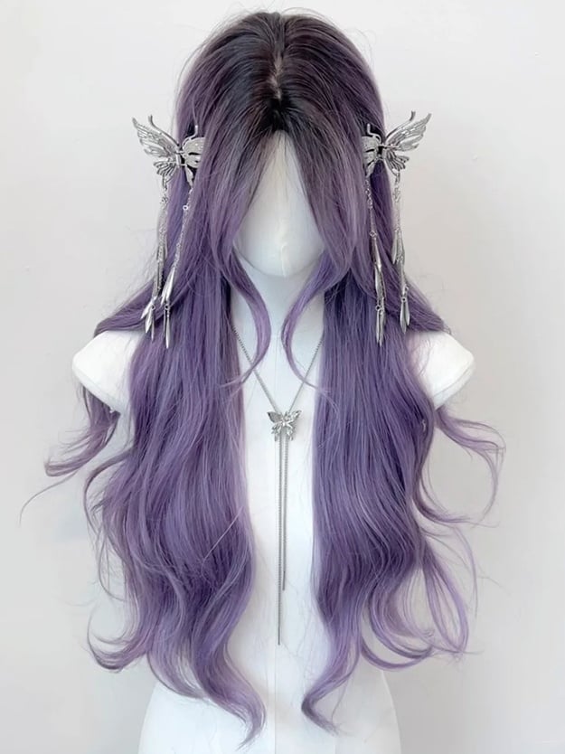 Lila, hüftlange, gewellte Kunsthaarperücke mit Pony