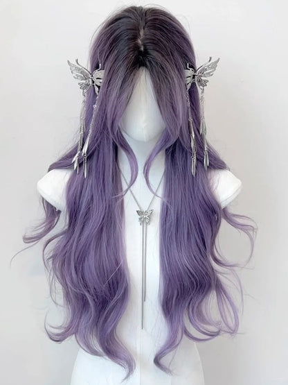 Lila, hüftlange, gewellte Kunsthaarperücke mit Pony