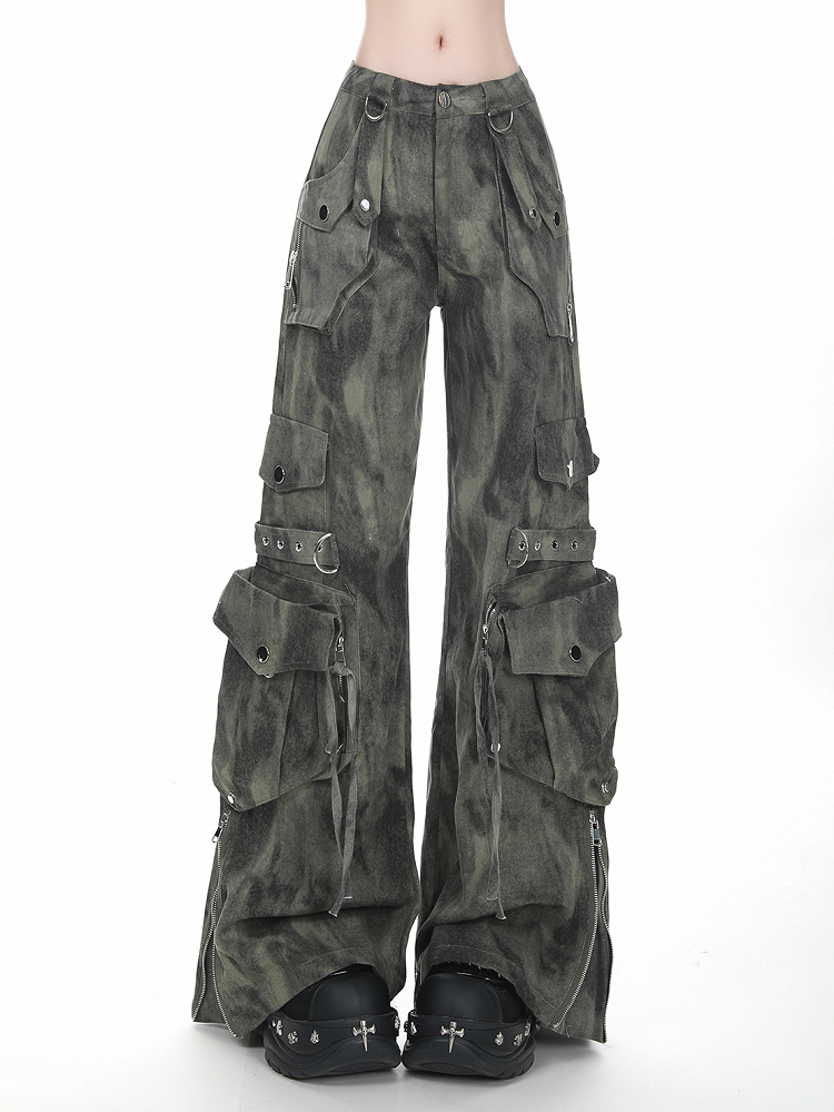 Grau/Grün verblasste Vintage Dark Wash Wide-Leg-Cargojeans mit Reißverschlussbündchen