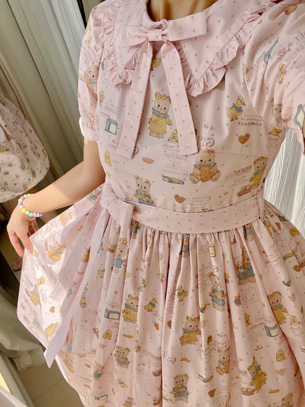 Version Bear Sweet Dress Print Short Sleeves Pink Lolita