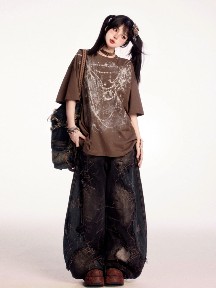 Raw Black Low Hem Rise Distressed Holes Wide-leg Jeans