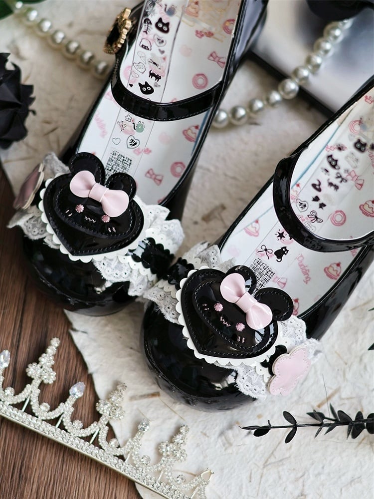 PU Motifs in Cute Rabbit with Low-heel Lace Black Mary Bunny Janes Trim