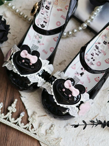 PU Motifs in Cute Rabbit with Low-heel Lace Black Mary Bunny Janes Trim