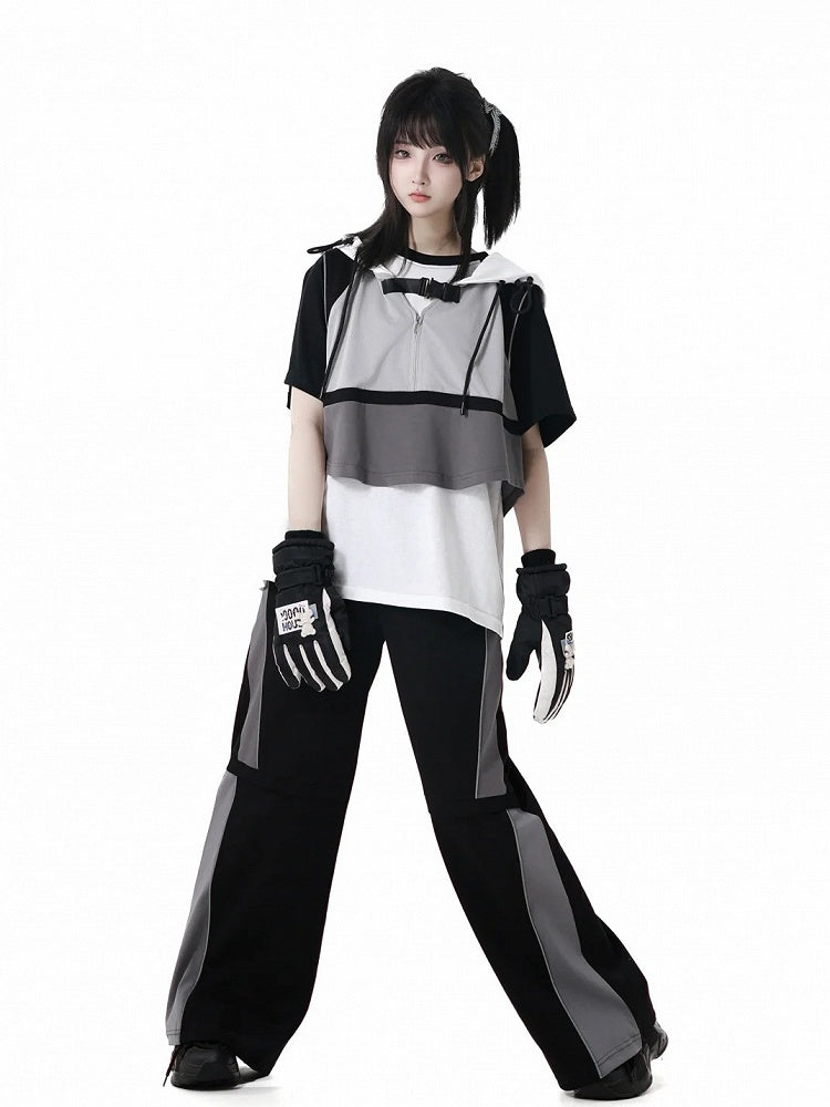 T-Shirt Star Print Black  White Colorblock Design