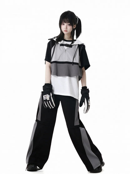 T-Shirt Star Print Black  White Colorblock Design