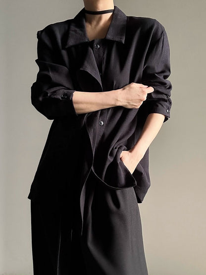 Loose Collar Lolita Draping Long Ouji Shirt Retro Black Pointed with Ribbon