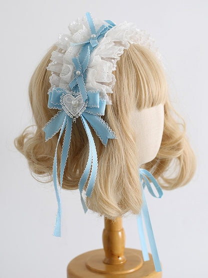 WhiteBlue Bowknot Decorated Clips Trim Details Beaded With Ruffled Hairband Sweet Lolita