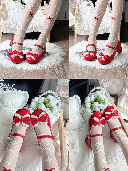 in Details PU at Lolita Red Lace Top Shoes with Mid-heel Sweet Bow