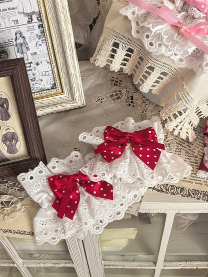 Rose / Crimson Polka-dot Bow White Wrist Cuffs - Pastry Chef