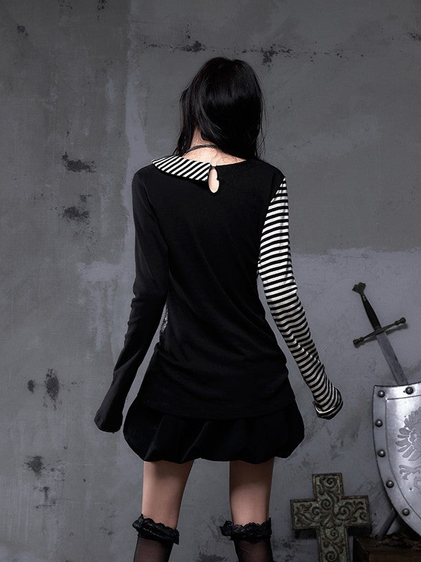 Top Vintage + Gothic Y2K Striped Collar with Black Punk Heart Knit Sleeve Motif