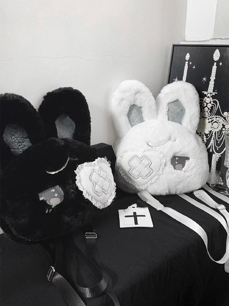 Eye Black White with Design Bendable Heart Patch Kawaii Ears / Bunny Plush Backpack