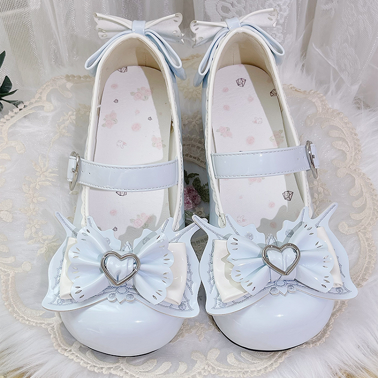 Sweet Lolita Mary Janes bleu clair à nœud papillon et boucle en forme de cœur