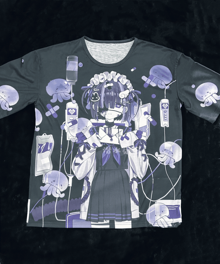 T-shirt Dark Otaku Aesthetic Black Kawaii Round Neck /White with Yami Anime Print 
