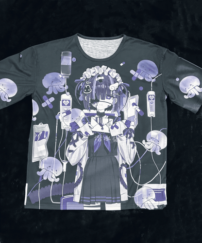 T-shirt Dark Otaku Aesthetic Black Kawaii Round Neck /White with Yami Anime Print 