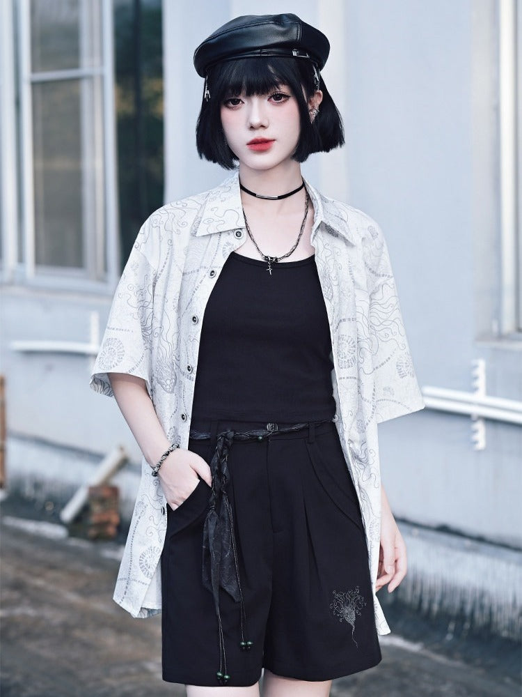 Black Wide Leg Shorts with Sea Lily Embroidery - Quirky Hut