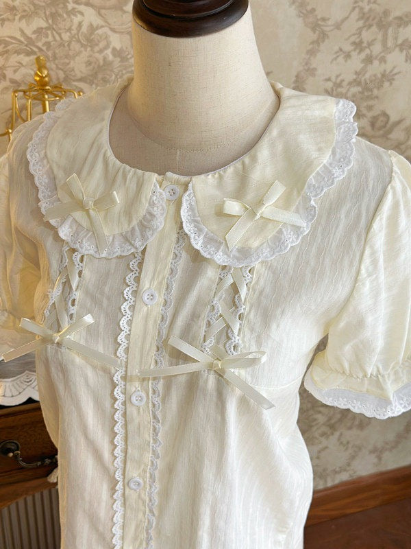 Beige Sweet Peter Pan Collar Short Sleeve Cotton Blouse Lolita - Jelly Girl