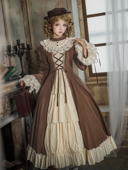 Lolita and Bell Beige Neckline Dress Long Brown Version Ruffle Elegant Sleeves