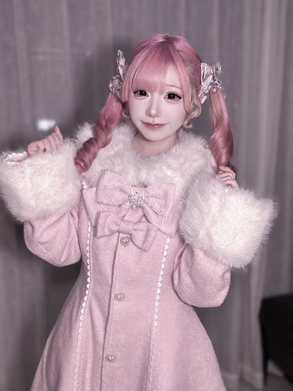 Long Landmine Cuffs Style Collar with Bow-Detailed Coat Waist-Cinching Pink Furry