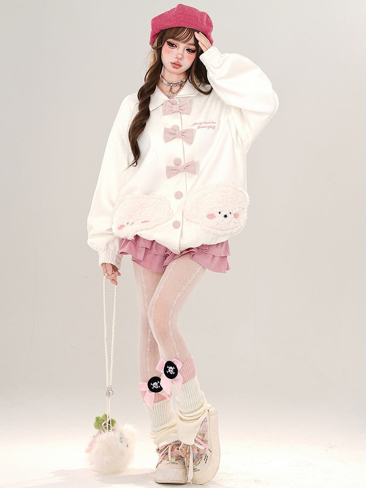 Pink/White Plush Puppy Pockets Polo Collar Jacket