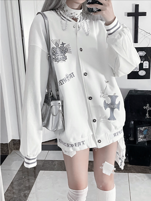 Jacketwith Baseball PrintStriped Gray Cuff Vintage Gothic White Crown+Wing