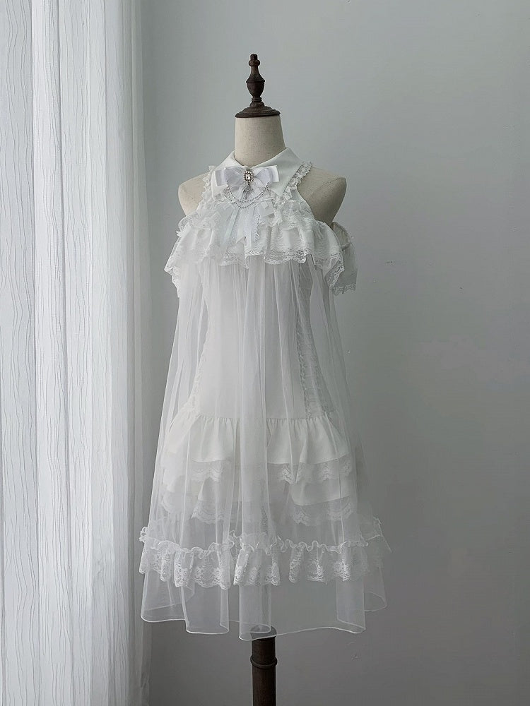 White Landmine Style Cutout Shoulder Dress with Sheer Overlay, Lace and Bow Tie - Ekomi