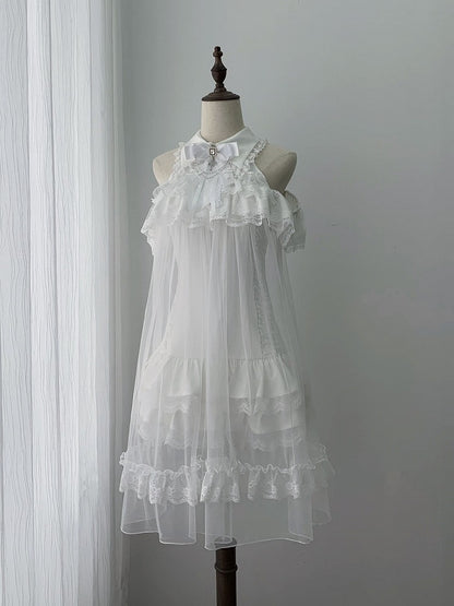 White Landmine Style Cutout Shoulder Dress with Sheer Overlay, Lace and Bow Tie - Ekomi