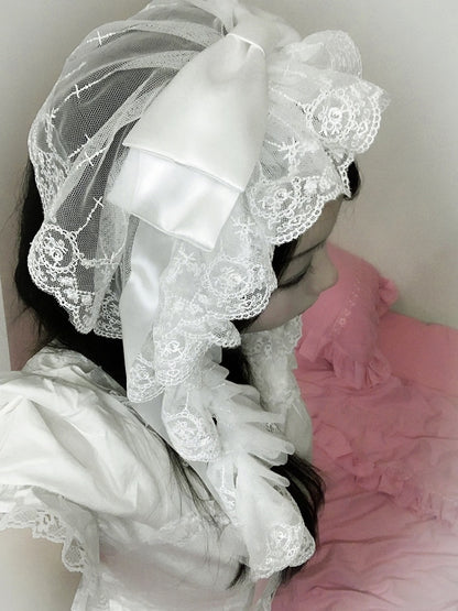 Floral Design Big Hairband White/Black Bow Trim Lace