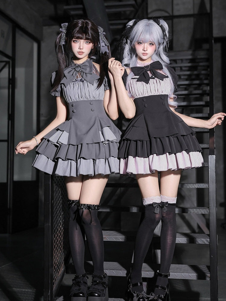 Black/Gray Bow Hairclip with Heart Rhinestone - With PUJI