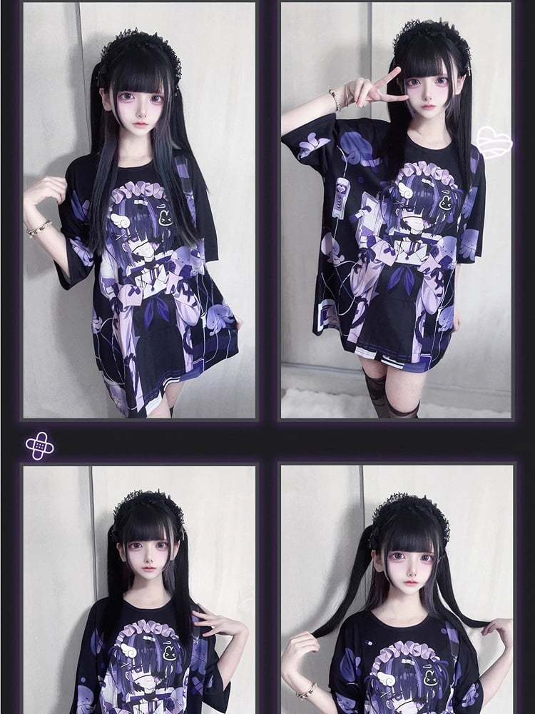 T-shirt Dark Otaku Aesthetic Black Kawaii Round Neck /White with Yami Anime Print 