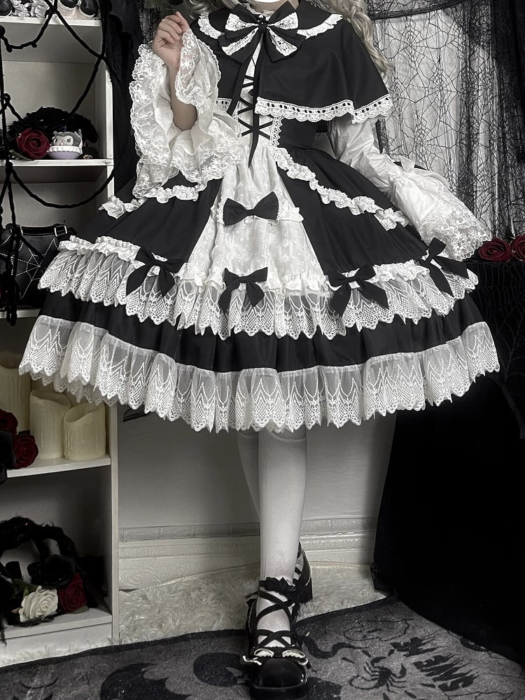 Schwarz-weißes Old School Lolita Fashion Kleid Bowknot Lolita JSK Set
