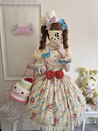Lolita Print Kleid Gelb Showa Cherry Fashion Creme Sweet Cake Kitty und