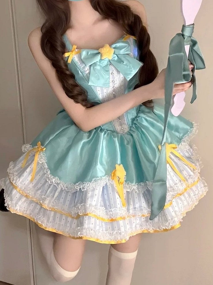Stripe Basque and with Sweet Details Star Fluffy Accents Lolita Green Dress Waist