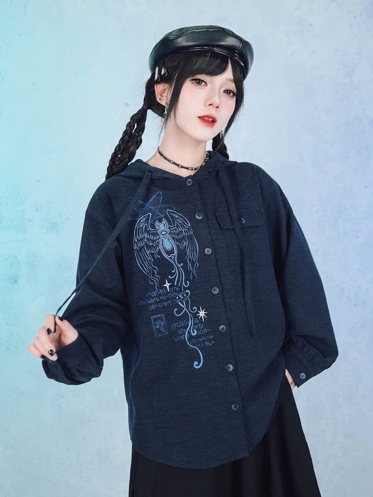 Navy Long Sleeve Hooded Shirt with Sea Angel Graphic Print - Quirky Hut