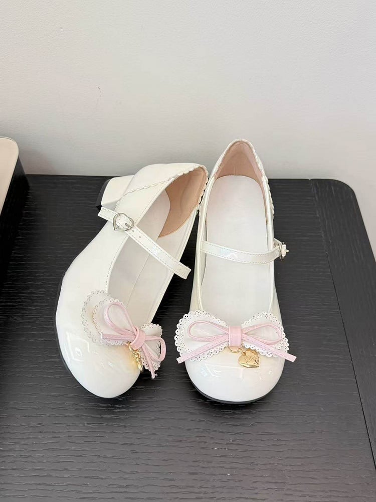 Trim PU 3.5cm Heart White Golden Lolita Shoes Low-heel Sweet Bow Charm Scalloped -