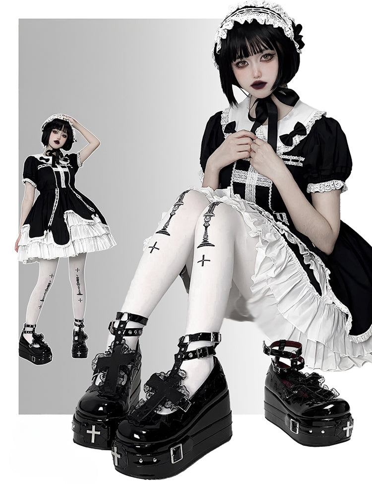Polished Black Gothic Lolita Lace Trim Cross Platform Shoes