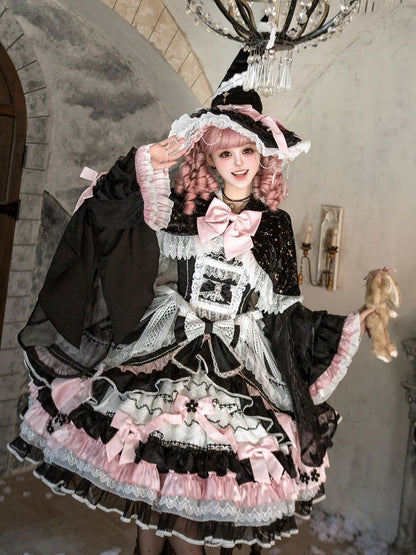 Witch-Themed Cross Accent Lolita JSK Full Ensemble in Black and Pink with Bow Train, Cape, Detachable Sleeves, Hat and Outer Sleeves - Felinae Cookie