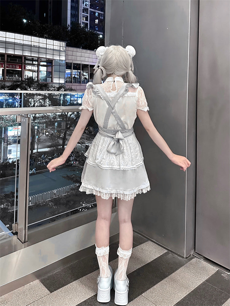 Ruffled Lace Trim Flutter Sleeves Kei Embellished Gray Bowknots Jirai Overalls