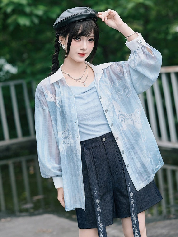 Black Denim-Effect Wide-Leg Shorts with Detachable Chinese Style Embroidered Ribbon - Quirky Hut